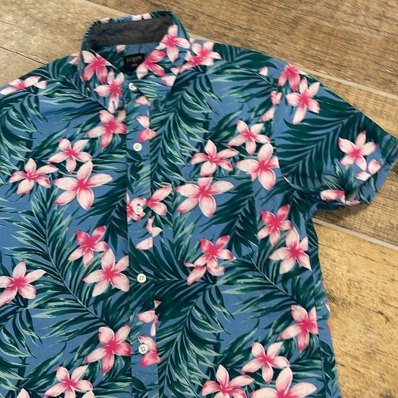 J. Crew Blue & Pink Tropical Leaf Floral Button Front Short Sleeve Shirt S - Picture 2 of 6